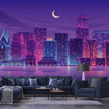 Tapeta Miasto nocą 0134 - Aranżacja w salonie. Ściany w odcieniach fioletu i niebieskiego