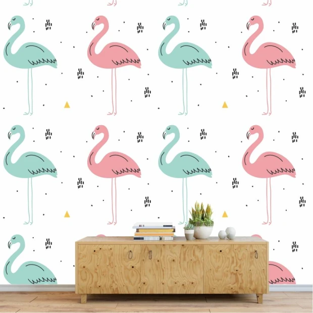 Tapeta na ścianę Flamingi 0176 - Aranżacja w salonie. Ściany w jasnych kolorach, meble w naturalnym drewnie