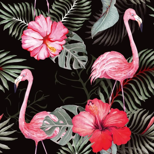 Tapeta na ścianę Flamingi, hibiscus 0145 - Wzór graficzny. Flamingi na ciemnym tle wśród liści i kwiatów hibiskusa