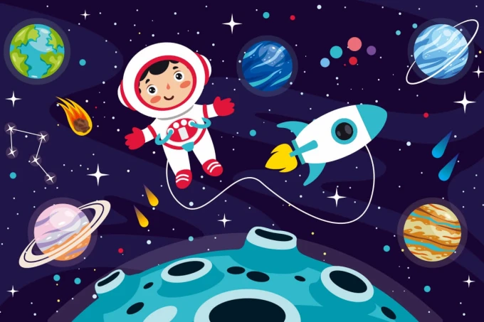 Tapeta Podróż w kosmos 0136 - Wzór graficzny. Astronauta w skafandrze unosi się w kosmosie, otoczony planetami i gwiazdami