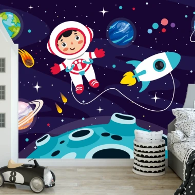Tapeta Podróż w kosmos 0136 - Wzór graficzny. Astronauta w skafandrze, rakieta, planety i gwiazdy na ciemnym tle