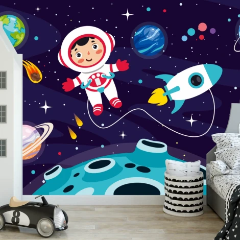 Tapeta Podróż w kosmos 0136 - Wzór graficzny. Astronauta w skafandrze, rakieta, planety i gwiazdy na ciemnym tle