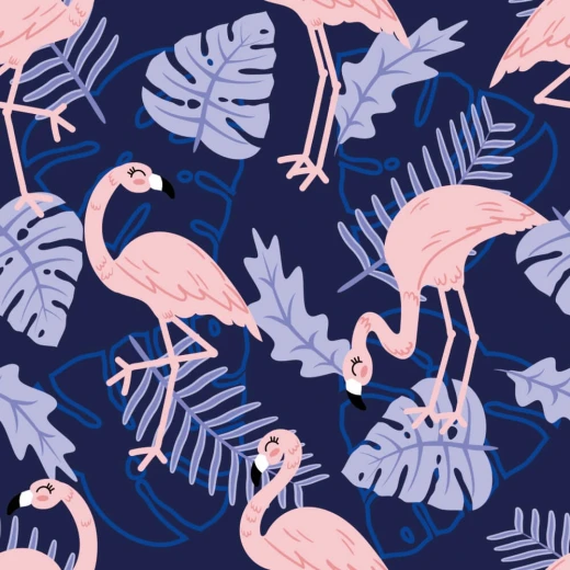 Wzór fototapety do pokoju dziecka przedstawiający różowe flamingi i fioletowe liście na ciemnogranatowym tle