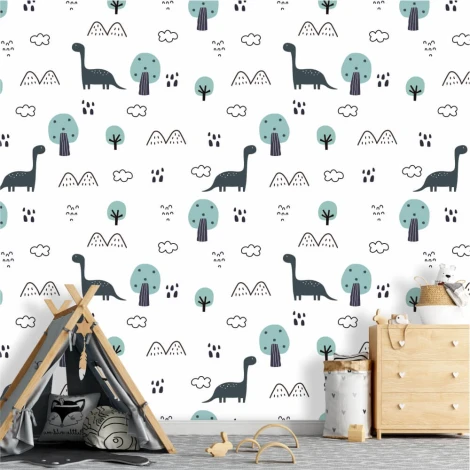 Tapeta dla dzieci Dinozaury, drzewa, góry 0185 - Wzór graficzny. Wzór zawiera dinozaury, drzewa, chmury i góry