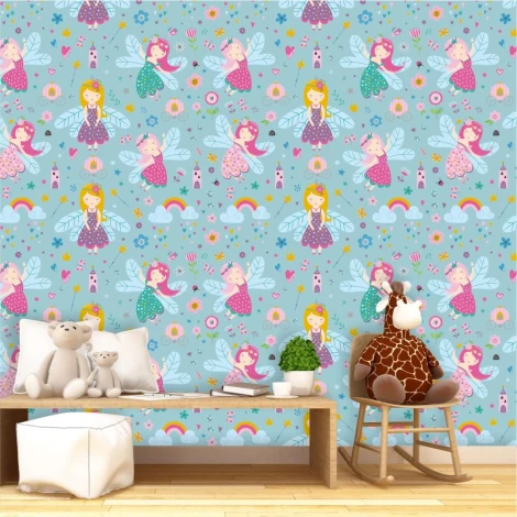 Tapeta dla dziewczynek Elfy 0223 - Aranżacja w pokoju dziecięcym. Ściany w jasnym kolorze, meble w naturalnym odcieniu