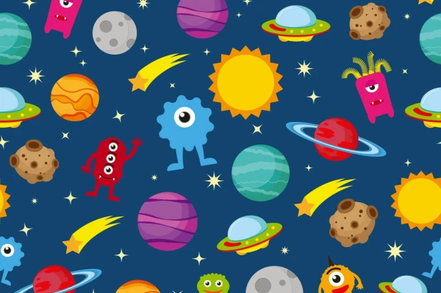 Tapeta do pokoju dziecięcego przedstawiająca powtarzalny wzór z uśmiechniętymi kosmitami, planetami i gwiazdami