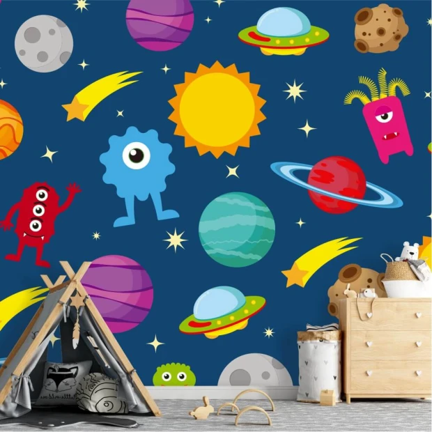 Tapeta do pokoju dziecka z nadrukiem kolorowych kosmitów, planet i statków UFO na ciemnoniebieskim tle