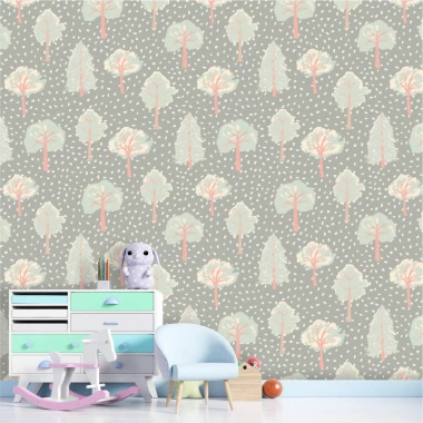 Tapeta do pokoju dziecka Las 0221 - Aranżacja w pokoju dziecięcym. Szare ściany z pastelowymi drzewami