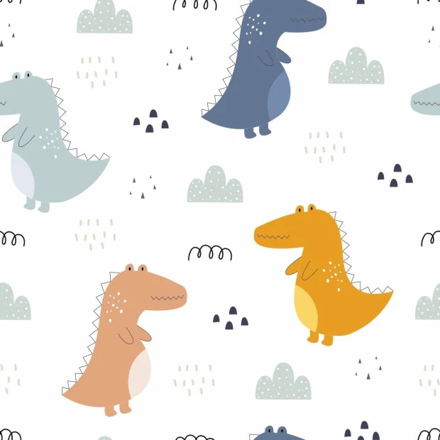 Tapeta do pokoju dziecka z nadrukiem w kolorowe dinozaury, przedstawiona jako wizualizacja wzoru na białym tle
