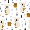 Tapeta dziecięca Misie koala 0184 - Wzór graficzny. Koala trzymające pień, kwiaty, kształty w kolorach białym, brązowym