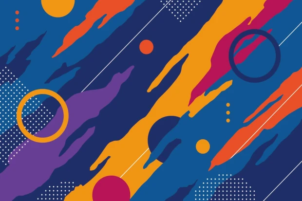 Tapeta Abstrakcja 0247 - Wzór graficzny. Kolorowe smugi w odcieniach niebieskiego, pomarańczowego, fioletowego i żółtego