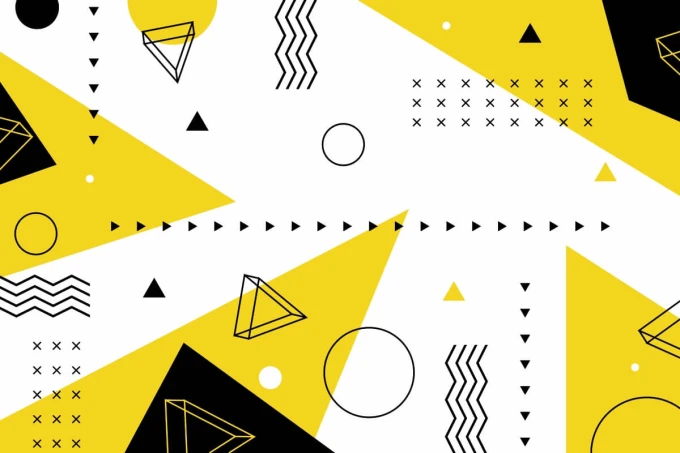 Tapeta Dekoracja geometryczna 0252 - Wzór graficzny. Żółte i czarne trójkąty, okręgi oraz linie tworzą dynamiczny układ