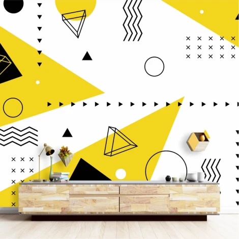 Tapeta Dekoracja geometryczna 0252 - Aranżacja w salonie. Ściany w jasnych kolorach, meble w naturalnym drewnie