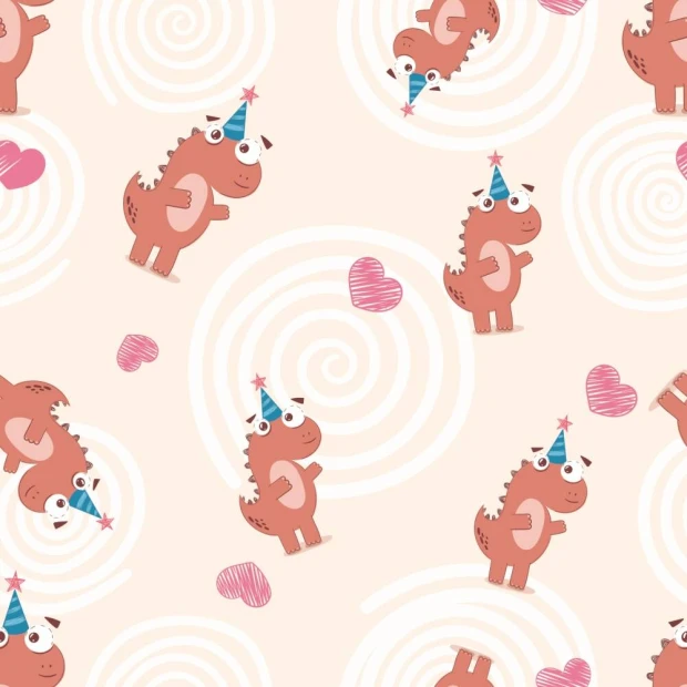Tapeta dla dzieci wesołe dinozaury 0263 - Wzór graficzny. Różowe dinozaury w czapeczkach na tle spiral i serc