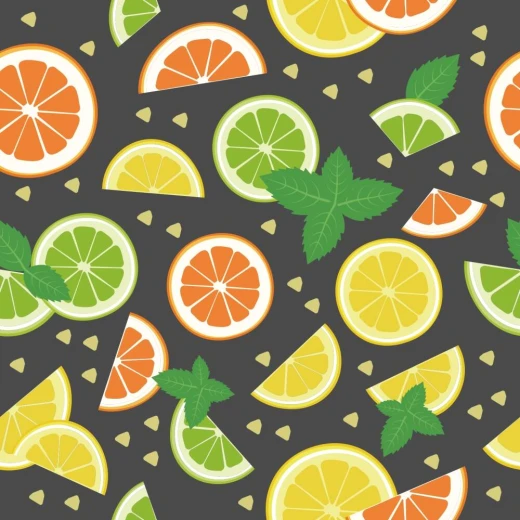 Wizualizacja tapety do jadalni z powtarzalnym motywem plastrów cytryn, limonek, pomarańczy i listków mięty