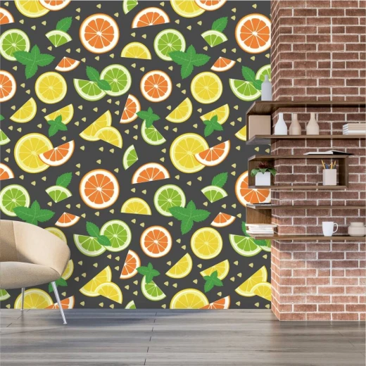 Fototapeta na ścianę z nadrukiem w kolorowe plastry cytryn, limonek i pomarańczy na ciemnym tle
