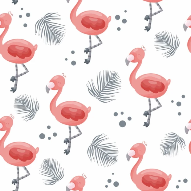 Tapeta do pokoju dziecka Flamingi 0230 - Wzór graficzny. Różowe flamingi na białym tle z liśćmi i kropkami