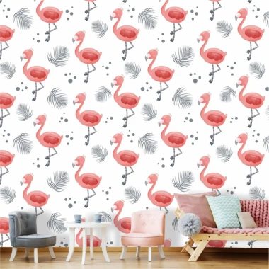 Tapeta do pokoju dziecka Flamingi 0230 - Wzór graficzny. Różowe flamingi na białym tle z liśćmi i kropkami