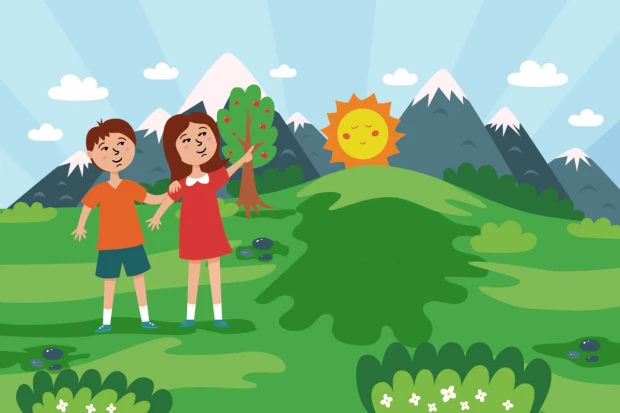 Tapeta do pokoju dziecka przedstawiająca ilustrację z dziećmi, drzewem i słońcem nad górskimi szczytami