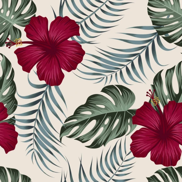 Tapeta na ścianę Kwiaty hibiscus 0234 - Wzór graficzny. Czerwone kwiaty hibiskusa na tle liści w odcieniach zieleni