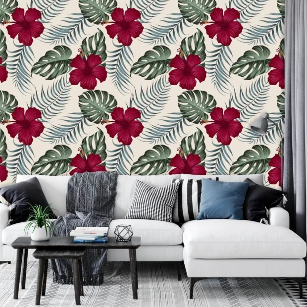 Tapeta na ścianę Kwiaty hibiscus 0234 - Aranżacja w salonie. Ściany w jasnym kolorze, sofa w odcieniach bieli i szarości