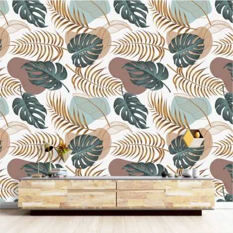 Tapeta na ścianę Liście 0235 - Aranżacja w salonie. Ściany w jasnych kolorach, meble w odcieniach drewna