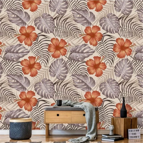 Tapeta pomarańczowe kwiaty 0243 - Aranżacja w salonie. Jasne ściany z elementami roślinnymi
