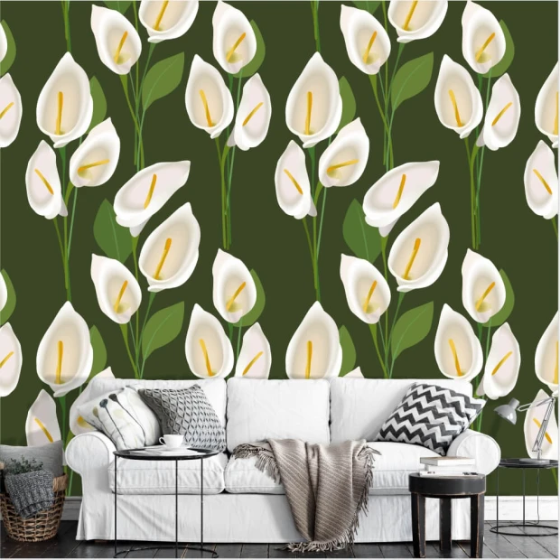 Tapeta ścienna Kalie 0250 - Aranżacja w salonie. Ściany w ciemnym kolorze, sofa w jasnym odcieniu, poduszki w geometryczne