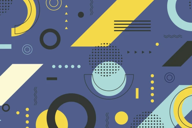 Tapeta Wzór geometryczny 0251 - Wzór graficzny. Na tle niebieskim znajdują się żółte i czarne trójkąty, okręgi oraz linie