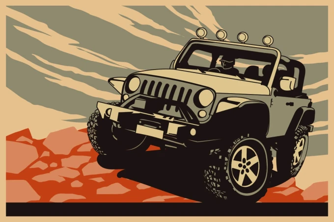 Tapeta dla młodzieży Auto terenowe, off-road 0318 - Wzór graficzny. Czarno-beżowy samochód terenowy na tle skał i chmur