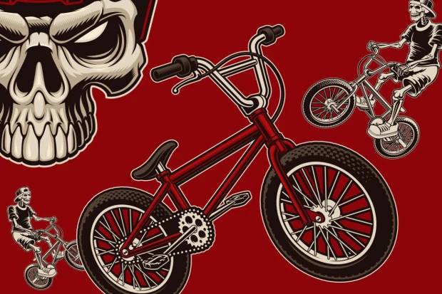 Tapeta dla młodzieży z motywem rowerów BMX, szkieletów oraz czaszki na czerwonym tle w zbliżeniu na wzór