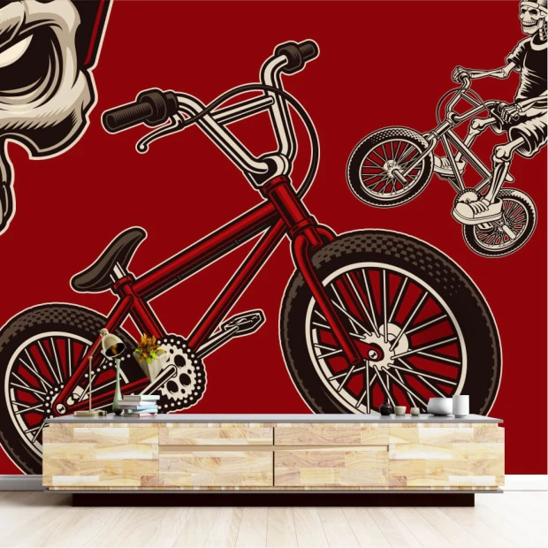 Fototapeta do pokoju młodzieżowego z nadrukiem rowerów BMX, szkieletu i czaszki na czerwonym tle