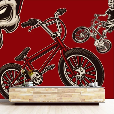 Tapeta dla młodzieży Rower BMX, skoki, czaszka 0317 - Aranżacja w pokoju młodzieżowym. Czerwone ściany i nowoczesne meble