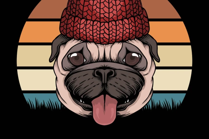 Tapeta do pokoju dziecka Pies, mops 0288 - Wzór graficzny. Grafika przedstawia głowę mopsika w czerwonej czapce, na tle