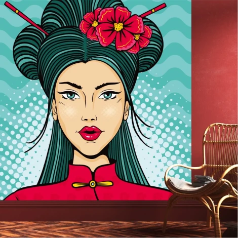 Tapeta Młoda kobieta w stroju japońskim 0296 - Wzór graficzny. Kobieta z długimi włosami, czerwoną bluzką i kwiatami we