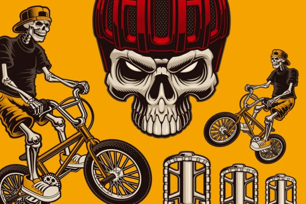 Fototapeta młodzieżowa z motywem czaszki w czerwonym kasku, szkieletów na rowerach BMX oraz pedałów rowerowych