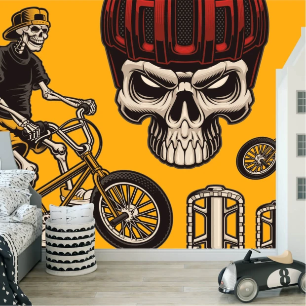 Fototapeta do pokoju dziecka z nadrukiem czaszki w kasku oraz szkieletu na rowerze BMX na żółtym tle