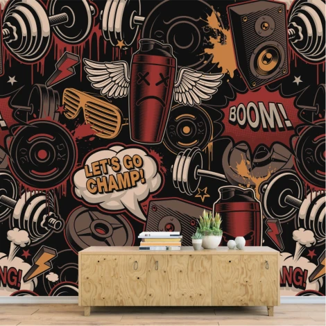 Tapeta młodzieżowa Siłownia, zostań mistrzem 0289 - Wzór graficzny. Grafika przedstawia hantle, głośniki, napój energetyczny