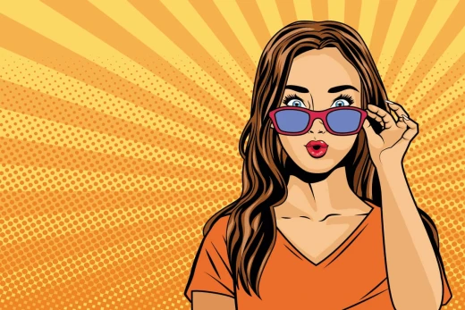 Tapeta na ścianę przedstawiająca grafikę z dziewczyną w okularach przeciwsłonecznych w stylu pop-art