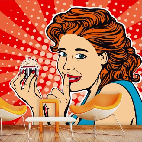 Tapeta na ścianę Dziewczyna z ciastkiem 0310 - Wzór graficzny. Kobieta z czerwonymi włosami trzyma ciastko, tło