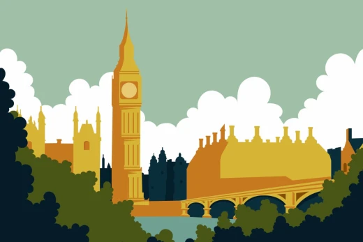 Tapeta na ścianę z grafiką przedstawiającą wieżę Big Ben, most i architekturę Londynu na jasnym tle