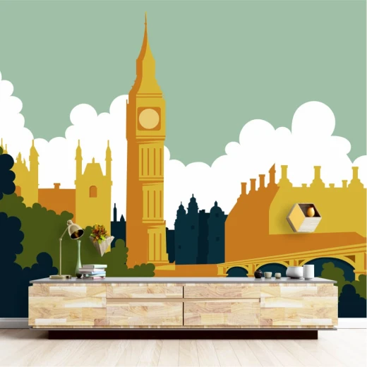 Fototapeta na ścianę z ilustracją przedstawiającą wieżę Big Ben i architekturę Londynu w sypialni