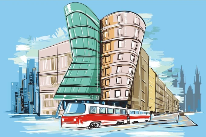 Tapeta na ścianę Praga 0282 - Wzór graficzny. Stylizowany rysunek budynków z tramwajem na tle nieba