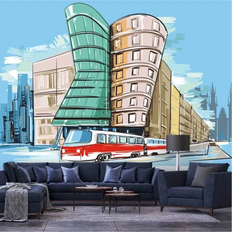 Tapeta na ścianę Praga 0282 - Aranżacja w salonie. Ściany w odcieniach niebieskiego i szarości