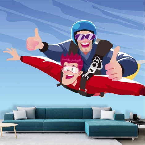 Tapeta na ścianę Skoki spadochronowe 0314 - Aranżacja w salonie. Ściany w odcieniach błękitu z kanapą w kolorze turkusowym