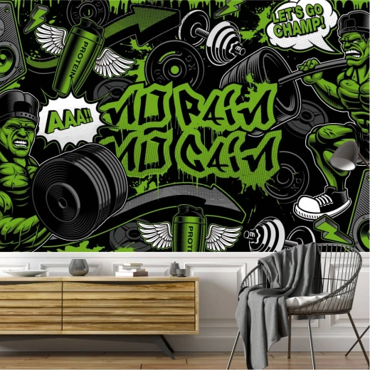 Fototapeta na ścianę z zielono-czarnym motywem siłowni, hantlami i napisem No pain, no gain w stylu graffiti
