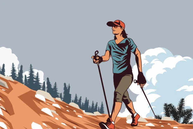 Tapeta Spacer w górach, nordic walk 0303 - Wzór graficzny. Postać idąca po górskiej ścieżce z kijkami, w tle drzewa i chmury