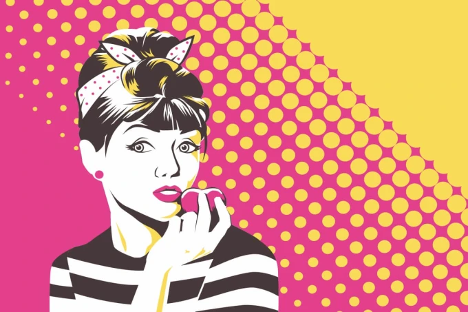 Tapeta Twarz kobieca w stylu pop-art 0305 - Wzór graficzny. Kobieta z kokiem, w paski, trzymająca jabłko, na tle w kropki