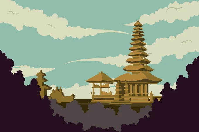 Tapeta Wyspa Bali, Indonezja 0284 - Wzór graficzny. Grafika przedstawia pagodę otoczoną drzewami i chmurami