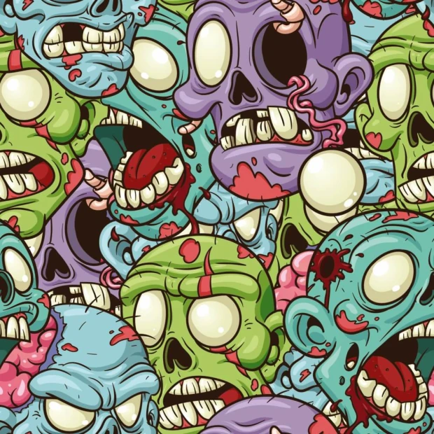 Tapeta dla młodzieży Zombi 0356 - Wzór graficzny. Zawiera kolorowe czaszki zombie w różnych odcieniach zieleni, fioletu